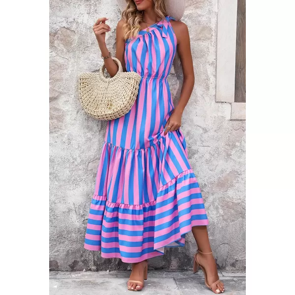 imagePRETTYGARDEN Womens Floral Maxi Dress 2023 Knot One Shoulder Sleeveless Ruffle Hem Flowy Boho DressesBlue Pink Stripe