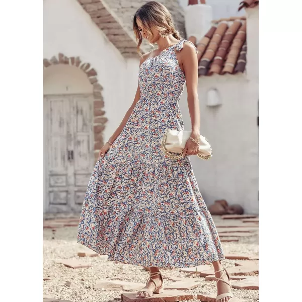 imagePRETTYGARDEN Womens Floral Maxi Dress 2023 Knot One Shoulder Sleeveless Ruffle Hem Flowy Boho DressesBlue White