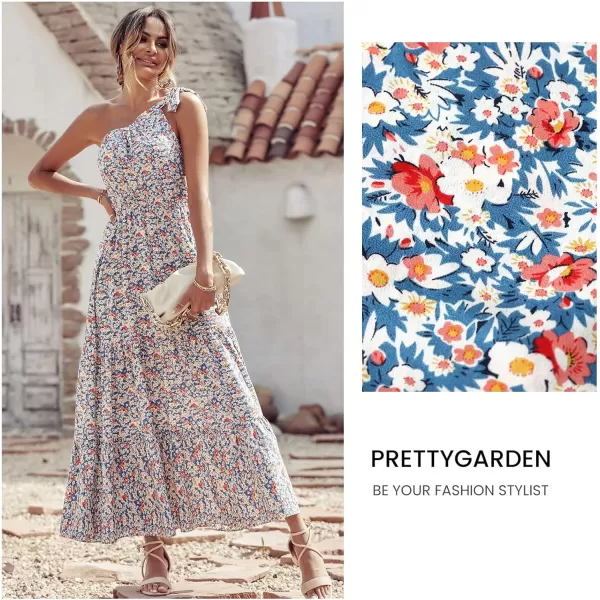 imagePRETTYGARDEN Womens Floral Maxi Dress 2023 Knot One Shoulder Sleeveless Ruffle Hem Flowy Boho DressesBlue White