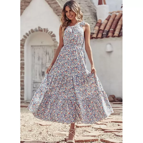 imagePRETTYGARDEN Womens Floral Maxi Dress 2023 Knot One Shoulder Sleeveless Ruffle Hem Flowy Boho DressesBlue White