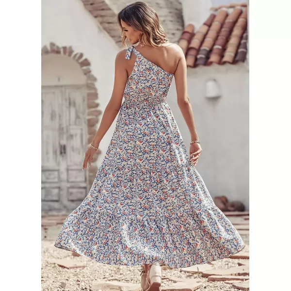 imagePRETTYGARDEN Womens Floral Maxi Dress 2023 Knot One Shoulder Sleeveless Ruffle Hem Flowy Boho DressesBlue White