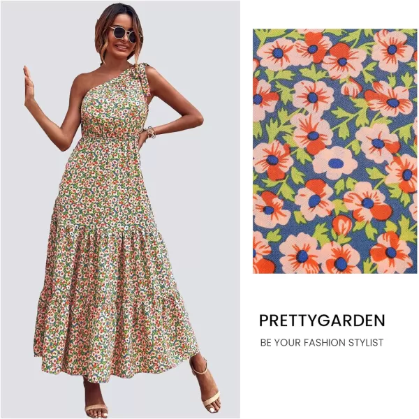 imagePRETTYGARDEN Womens Floral Maxi Dress 2023 Knot One Shoulder Sleeveless Ruffle Hem Flowy Boho DressesBluePink