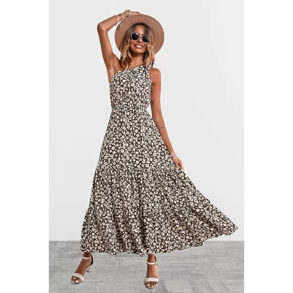 imagePRETTYGARDEN Womens Floral Maxi Dress 2023 Knot One Shoulder Sleeveless Ruffle Hem Flowy Boho DressesCoffee