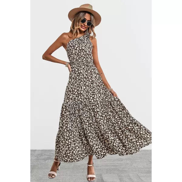 imagePRETTYGARDEN Womens Floral Maxi Dress 2023 Knot One Shoulder Sleeveless Ruffle Hem Flowy Boho DressesCoffee