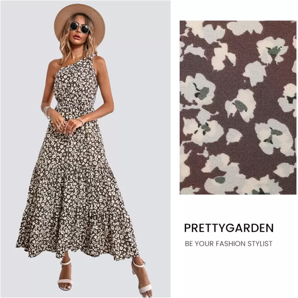 imagePRETTYGARDEN Womens Floral Maxi Dress 2023 Knot One Shoulder Sleeveless Ruffle Hem Flowy Boho DressesCoffee