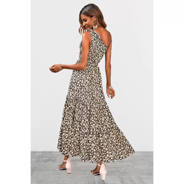 imagePRETTYGARDEN Womens Floral Maxi Dress 2023 Knot One Shoulder Sleeveless Ruffle Hem Flowy Boho DressesCoffee