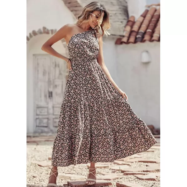imagePRETTYGARDEN Womens Floral Maxi Dress 2023 Knot One Shoulder Sleeveless Ruffle Hem Flowy Boho DressesCoffee Pink