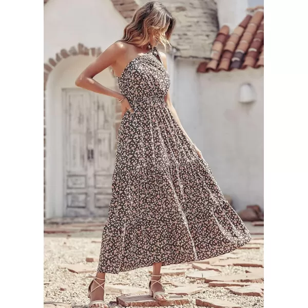 imagePRETTYGARDEN Womens Floral Maxi Dress 2023 Knot One Shoulder Sleeveless Ruffle Hem Flowy Boho DressesCoffee Pink