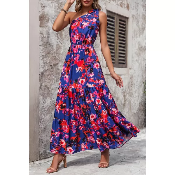 imagePRETTYGARDEN Womens Floral Maxi Dress 2023 Knot One Shoulder Sleeveless Ruffle Hem Flowy Boho DressesDark Blue Orange Floral