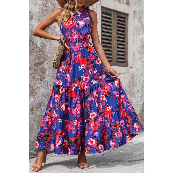 imagePRETTYGARDEN Womens Floral Maxi Dress 2023 Knot One Shoulder Sleeveless Ruffle Hem Flowy Boho DressesDark Blue Orange Floral