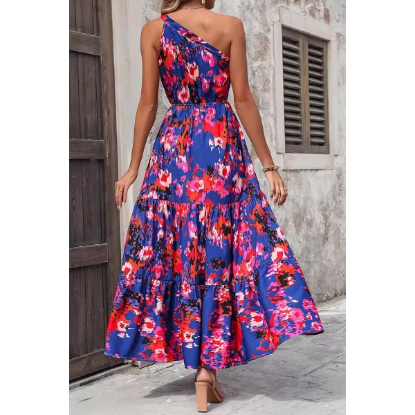 imagePRETTYGARDEN Womens Floral Maxi Dress 2023 Knot One Shoulder Sleeveless Ruffle Hem Flowy Boho DressesDark Blue Orange Floral