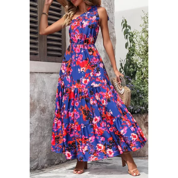 imagePRETTYGARDEN Womens Floral Maxi Dress 2023 Knot One Shoulder Sleeveless Ruffle Hem Flowy Boho DressesDark Blue Orange Floral