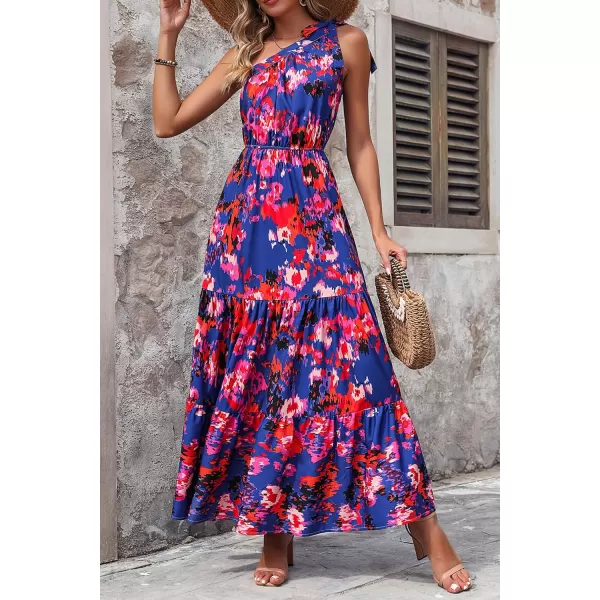 imagePRETTYGARDEN Womens Floral Maxi Dress 2023 Knot One Shoulder Sleeveless Ruffle Hem Flowy Boho DressesDark Blue Orange Floral
