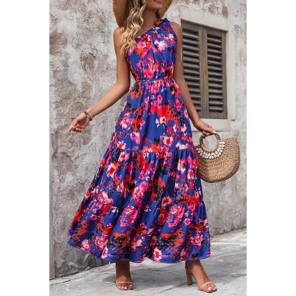 imagePRETTYGARDEN Womens Floral Maxi Dress 2023 Knot One Shoulder Sleeveless Ruffle Hem Flowy Boho DressesDark Blue Orange Floral