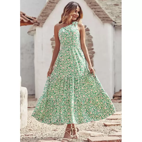 imagePRETTYGARDEN Womens Floral Maxi Dress 2023 Knot One Shoulder Sleeveless Ruffle Hem Flowy Boho DressesGreen White