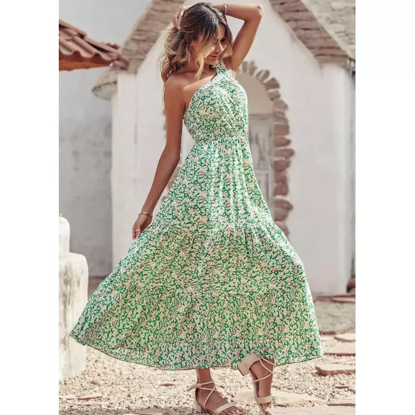imagePRETTYGARDEN Womens Floral Maxi Dress 2023 Knot One Shoulder Sleeveless Ruffle Hem Flowy Boho DressesGreen White