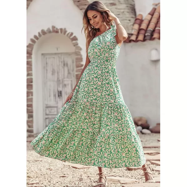 imagePRETTYGARDEN Womens Floral Maxi Dress 2023 Knot One Shoulder Sleeveless Ruffle Hem Flowy Boho DressesGreen White