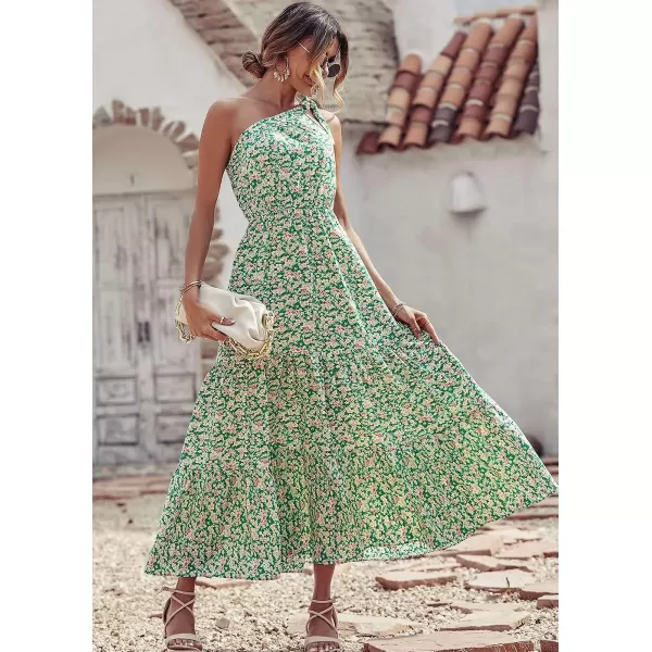imagePRETTYGARDEN Womens Floral Maxi Dress 2023 Knot One Shoulder Sleeveless Ruffle Hem Flowy Boho DressesGreen White