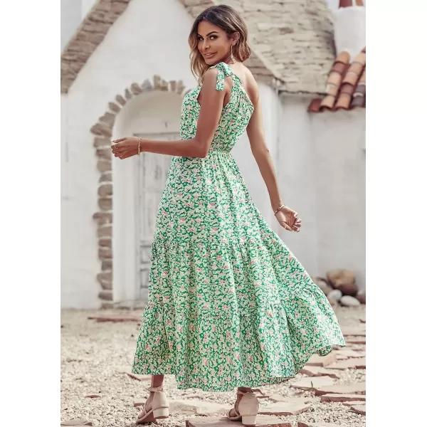 imagePRETTYGARDEN Womens Floral Maxi Dress 2023 Knot One Shoulder Sleeveless Ruffle Hem Flowy Boho DressesGreen White