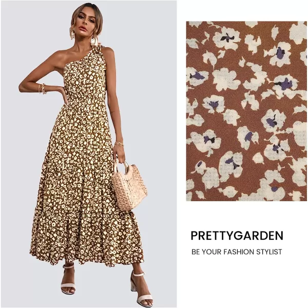 imagePRETTYGARDEN Womens Floral Maxi Dress 2023 Knot One Shoulder Sleeveless Ruffle Hem Flowy Boho DressesJiang Yellow
