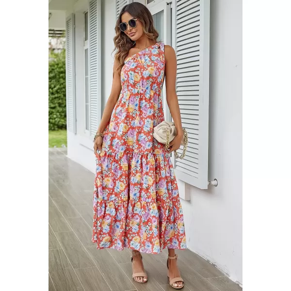 imagePRETTYGARDEN Womens Floral Maxi Dress 2023 Knot One Shoulder Sleeveless Ruffle Hem Flowy Boho DressesOrange Floral
