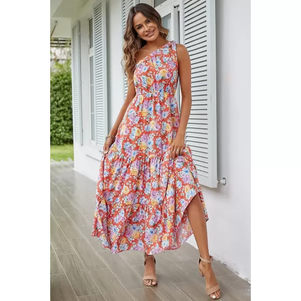 imagePRETTYGARDEN Womens Floral Maxi Dress 2023 Knot One Shoulder Sleeveless Ruffle Hem Flowy Boho DressesOrange Floral
