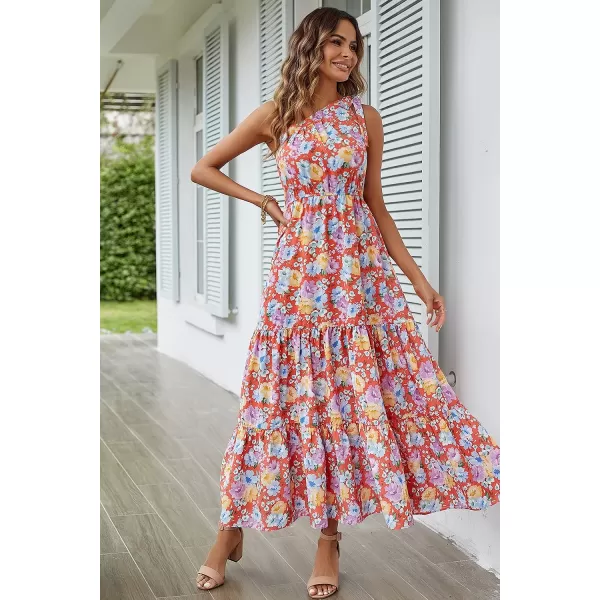 imagePRETTYGARDEN Womens Floral Maxi Dress 2023 Knot One Shoulder Sleeveless Ruffle Hem Flowy Boho DressesOrange Floral