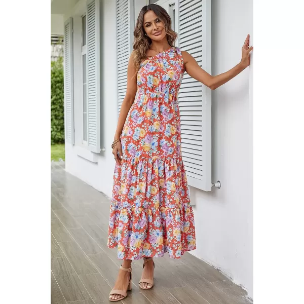 imagePRETTYGARDEN Womens Floral Maxi Dress 2023 Knot One Shoulder Sleeveless Ruffle Hem Flowy Boho DressesOrange Floral