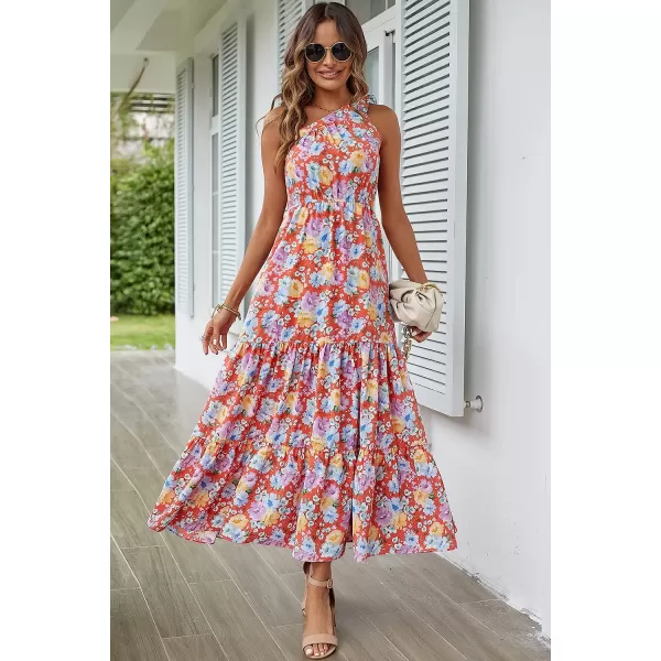 imagePRETTYGARDEN Womens Floral Maxi Dress 2023 Knot One Shoulder Sleeveless Ruffle Hem Flowy Boho DressesOrange Floral