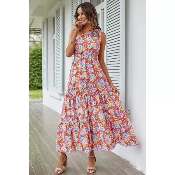imagePRETTYGARDEN Womens Floral Maxi Dress 2023 Knot One Shoulder Sleeveless Ruffle Hem Flowy Boho DressesOrange Floral