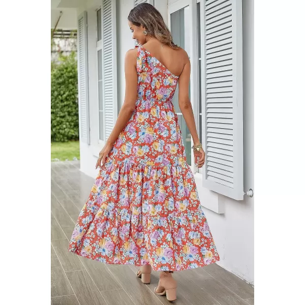 imagePRETTYGARDEN Womens Floral Maxi Dress 2023 Knot One Shoulder Sleeveless Ruffle Hem Flowy Boho DressesOrange Floral