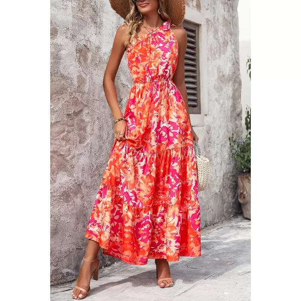 imagePRETTYGARDEN Womens Floral Maxi Dress 2023 Knot One Shoulder Sleeveless Ruffle Hem Flowy Boho DressesOrange Rose Red Big Floral