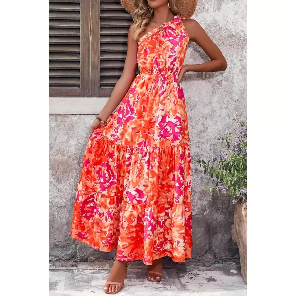 imagePRETTYGARDEN Womens Floral Maxi Dress 2023 Knot One Shoulder Sleeveless Ruffle Hem Flowy Boho DressesOrange Rose Red Big Floral