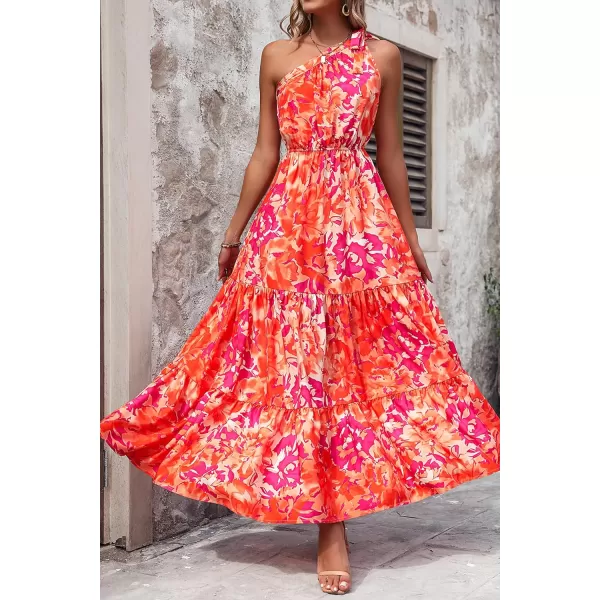 imagePRETTYGARDEN Womens Floral Maxi Dress 2023 Knot One Shoulder Sleeveless Ruffle Hem Flowy Boho DressesOrange Rose Red Big Floral