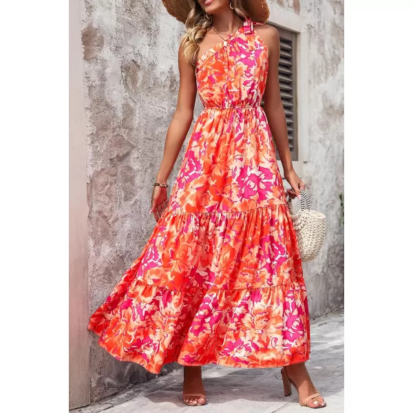 imagePRETTYGARDEN Womens Floral Maxi Dress 2023 Knot One Shoulder Sleeveless Ruffle Hem Flowy Boho DressesOrange Rose Red Big Floral