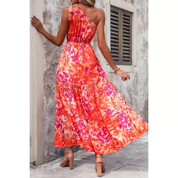 imagePRETTYGARDEN Womens Floral Maxi Dress 2023 Knot One Shoulder Sleeveless Ruffle Hem Flowy Boho DressesOrange Rose Red Big Floral