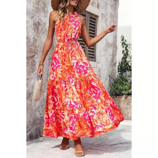 imagePRETTYGARDEN Womens Floral Maxi Dress 2023 Knot One Shoulder Sleeveless Ruffle Hem Flowy Boho DressesOrange Rose Red Big Floral