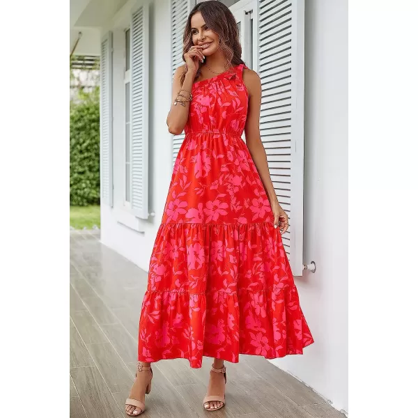 imagePRETTYGARDEN Womens Floral Maxi Dress 2023 Knot One Shoulder Sleeveless Ruffle Hem Flowy Boho DressesRed Floral