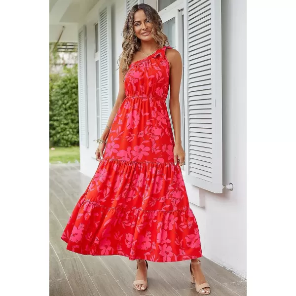 imagePRETTYGARDEN Womens Floral Maxi Dress 2023 Knot One Shoulder Sleeveless Ruffle Hem Flowy Boho DressesRed Floral