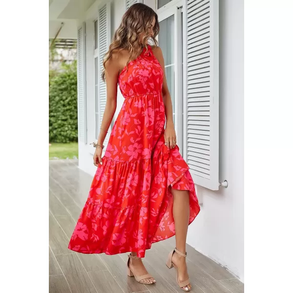 imagePRETTYGARDEN Womens Floral Maxi Dress 2023 Knot One Shoulder Sleeveless Ruffle Hem Flowy Boho DressesRed Floral
