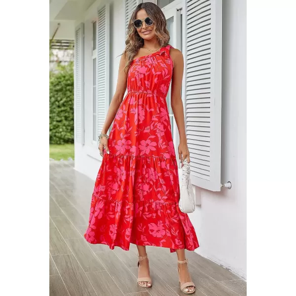 imagePRETTYGARDEN Womens Floral Maxi Dress 2023 Knot One Shoulder Sleeveless Ruffle Hem Flowy Boho DressesRed Floral