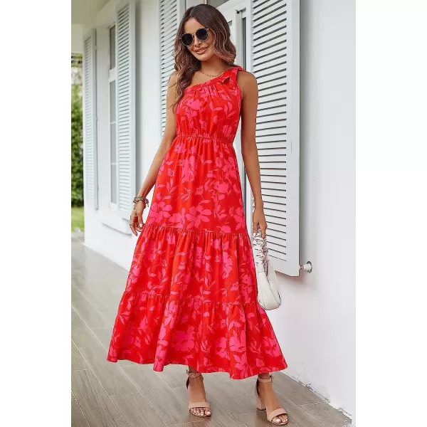 imagePRETTYGARDEN Womens Floral Maxi Dress 2023 Knot One Shoulder Sleeveless Ruffle Hem Flowy Boho DressesRed Floral