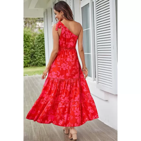 imagePRETTYGARDEN Womens Floral Maxi Dress 2023 Knot One Shoulder Sleeveless Ruffle Hem Flowy Boho DressesRed Floral