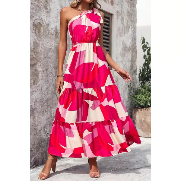 imagePRETTYGARDEN Womens Floral Maxi Dress 2023 Knot One Shoulder Sleeveless Ruffle Hem Flowy Boho DressesRed White Block