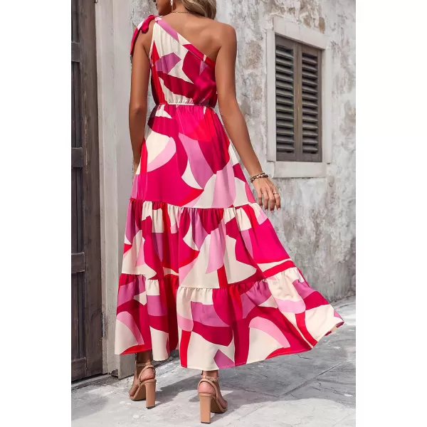 imagePRETTYGARDEN Womens Floral Maxi Dress 2023 Knot One Shoulder Sleeveless Ruffle Hem Flowy Boho DressesRed White Block