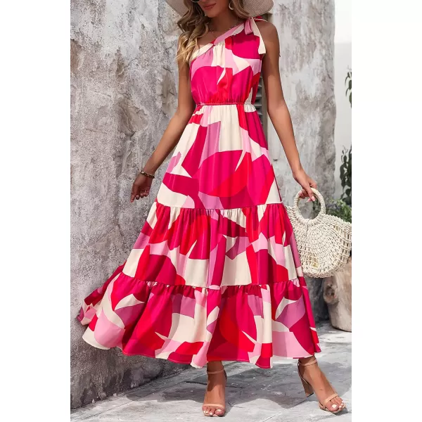 imagePRETTYGARDEN Womens Floral Maxi Dress 2023 Knot One Shoulder Sleeveless Ruffle Hem Flowy Boho DressesRed White Block