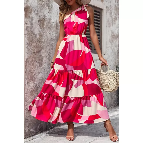 imagePRETTYGARDEN Womens Floral Maxi Dress 2023 Knot One Shoulder Sleeveless Ruffle Hem Flowy Boho DressesRed White Block