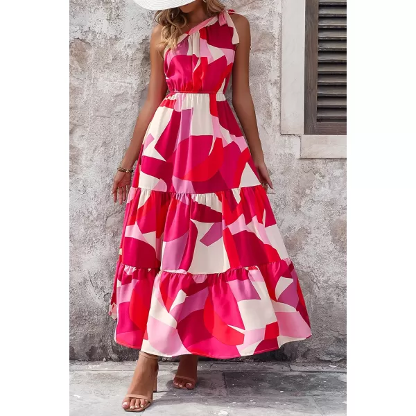 imagePRETTYGARDEN Womens Floral Maxi Dress 2023 Knot One Shoulder Sleeveless Ruffle Hem Flowy Boho DressesRed White Block