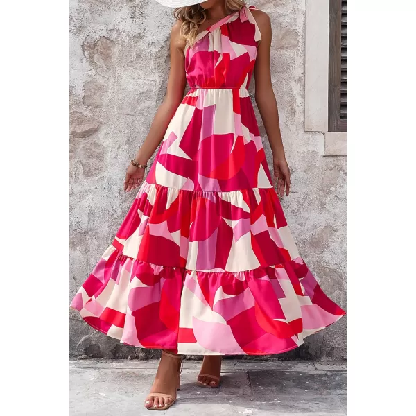 imagePRETTYGARDEN Womens Floral Maxi Dress 2023 Knot One Shoulder Sleeveless Ruffle Hem Flowy Boho DressesRed White Block