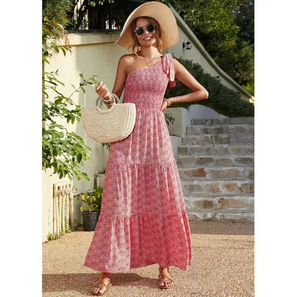 imagePRETTYGARDEN Womens Floral Maxi Dress 2023 Knot One Shoulder Sleeveless Ruffle Hem Flowy Boho DressesRedWhite